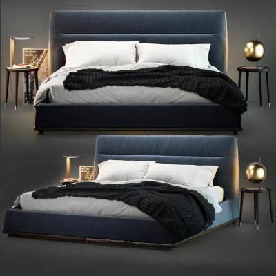 现代布艺双人床 床头柜 床头灯-1